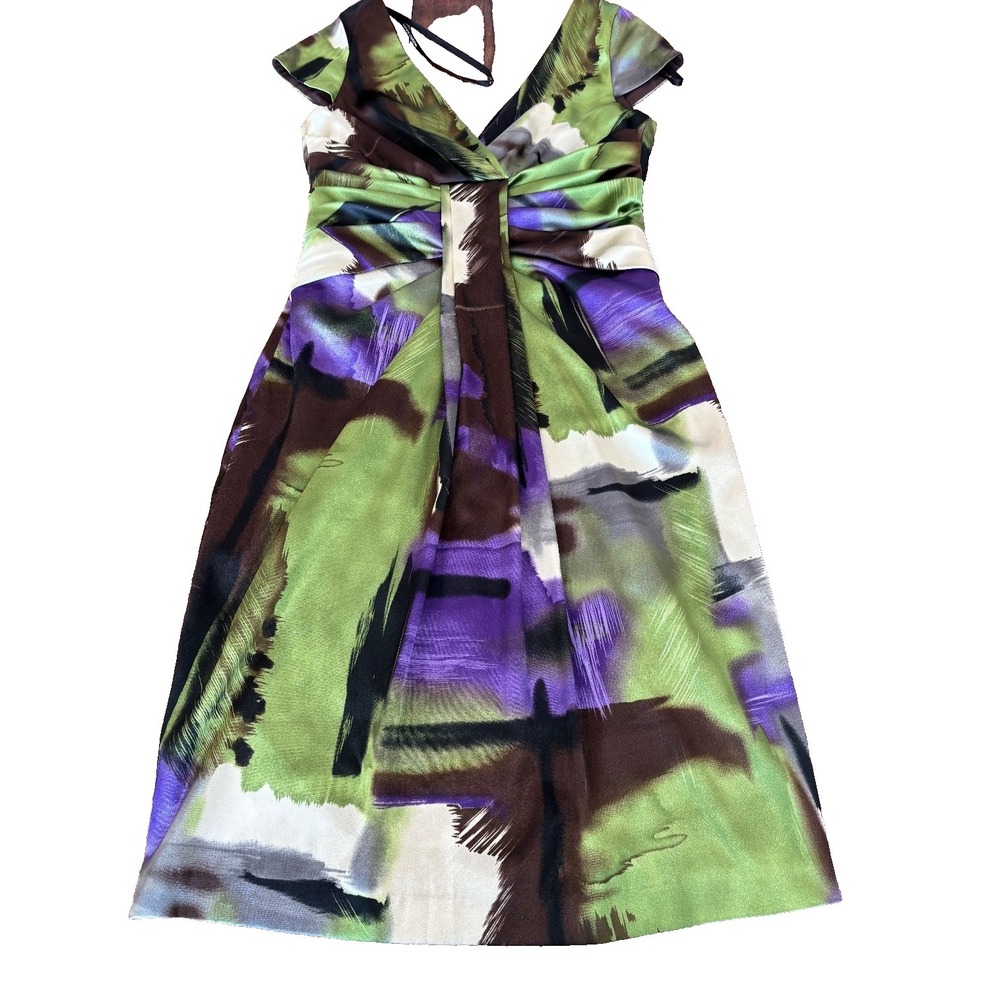 Maggy London Purple Stretch Satin Sheath Size 8 ruched sides knee length party‎